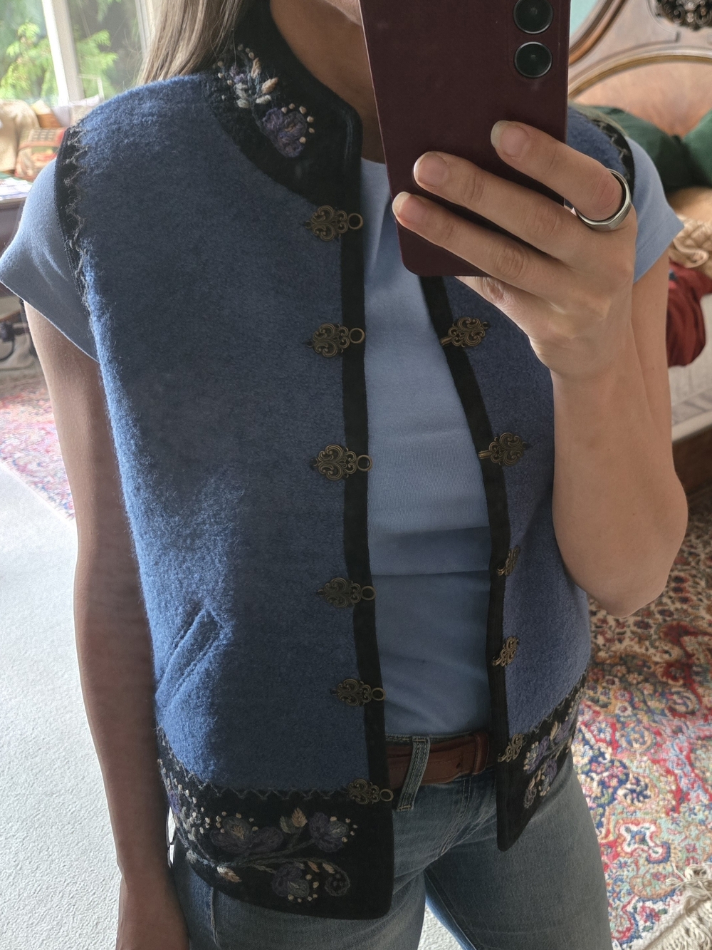 Blue Embroidered Women’s Vest with Decorative Frog Closures - Picture 10 of 13